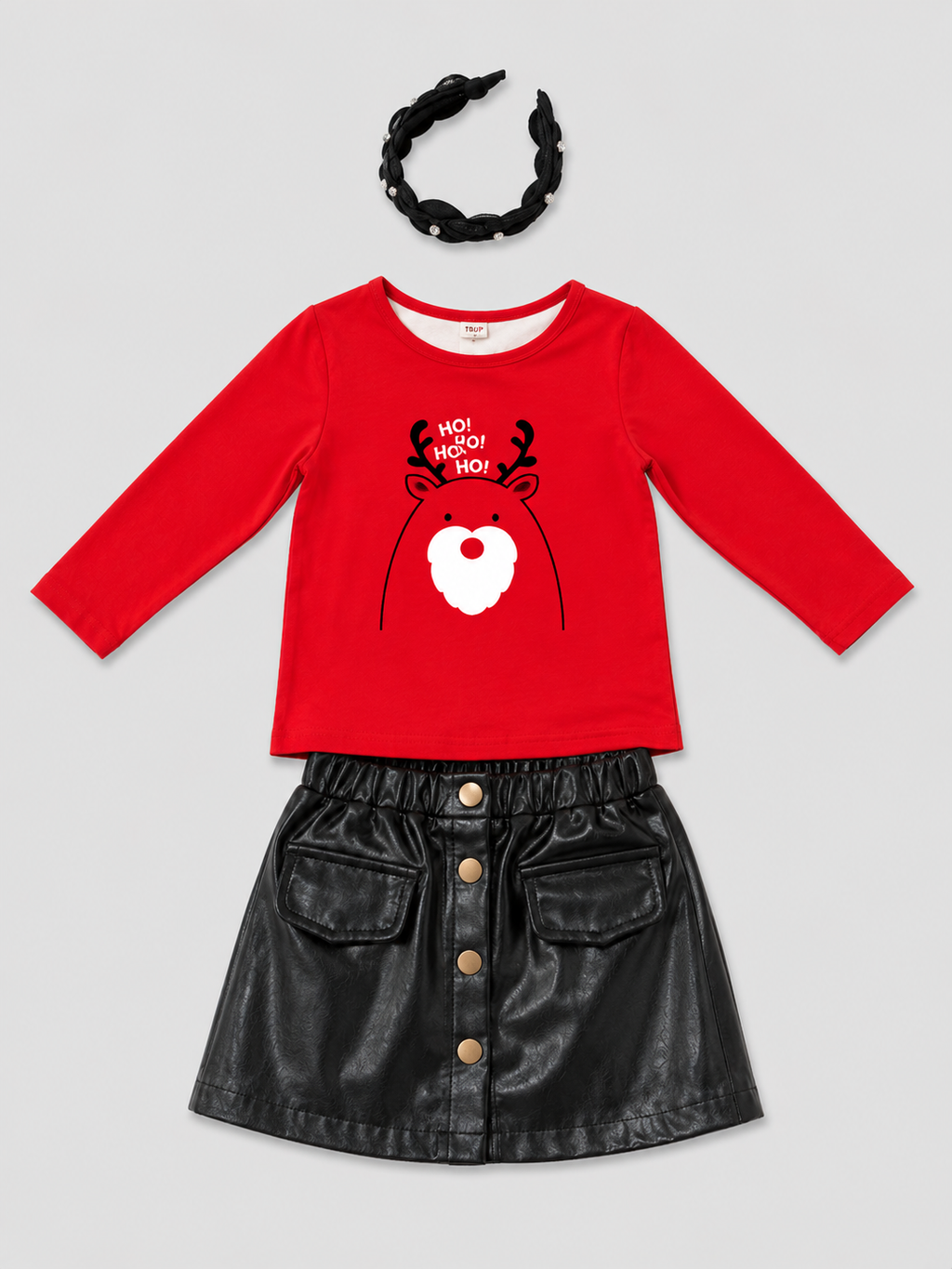 Shop this adorable 3-piece girls Christmas outfit set featuring a festive red reindeer top, black faux leather skirt, and embellished pearl headband. Perfect for holiday parties and Christmas photos!