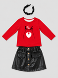 Shop this adorable 3-piece girls Christmas outfit set featuring a festive red reindeer top, black faux leather skirt, and embellished pearl headband. Perfect for holiday parties and Christmas photos!