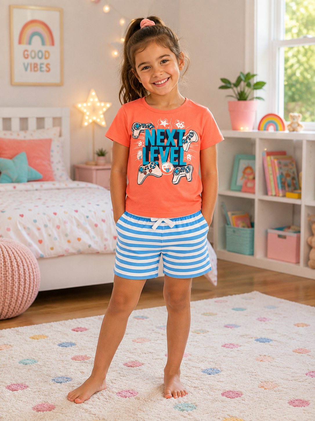 Next Level Gaming 2-Piece Boys’ Orange T-Shirt & Blue Striped Shorts Set