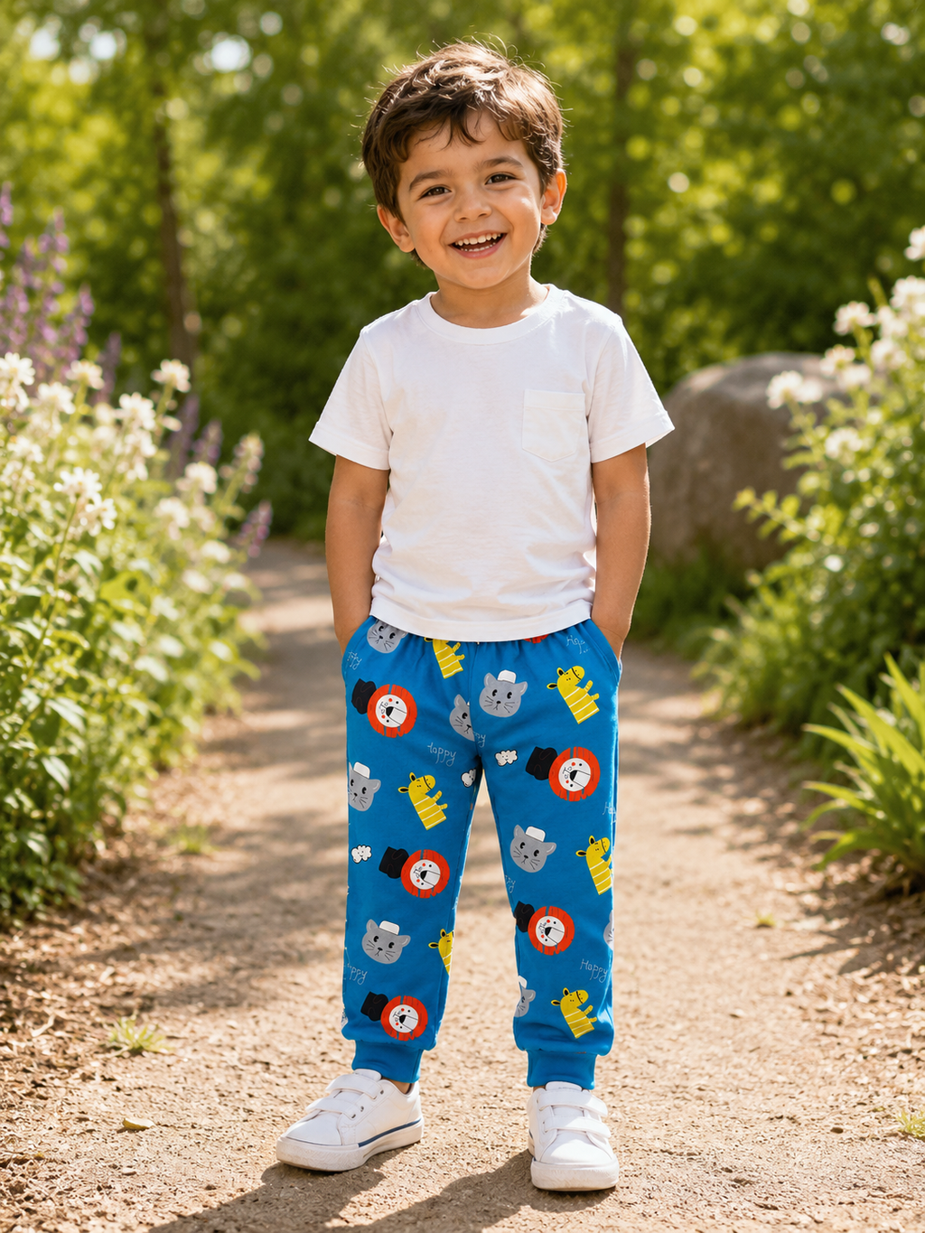 Blue “Happy” Animal Print Kids Jogger Pants
