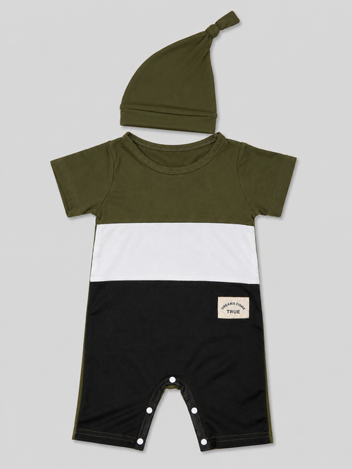 Modern baby boys olive green color block romper with matching knotted hat. Soft, comfortable one-piece outfit perfect for newborns, baby showers, family photos, and everyday wear.