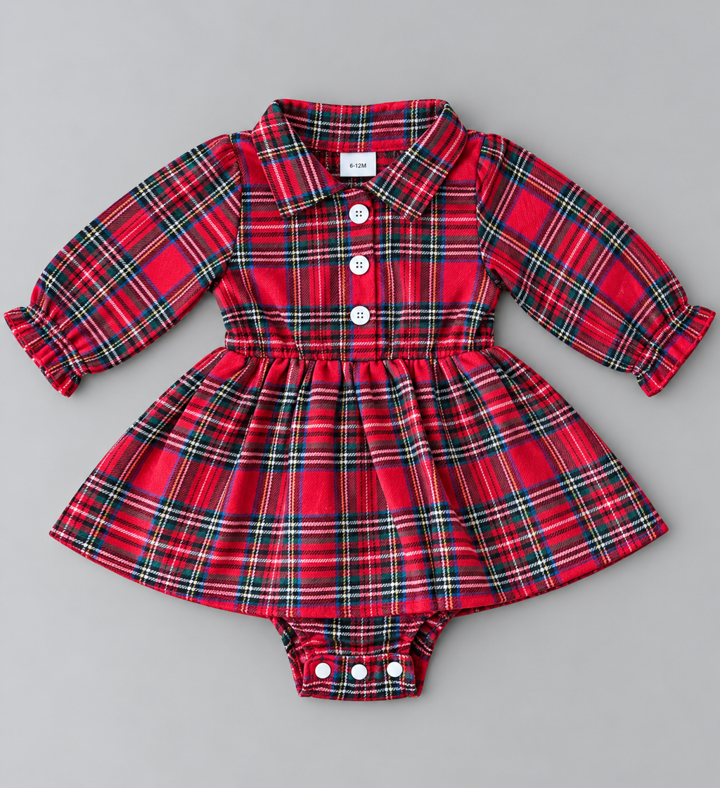 Baby girl red tartan plaid long-sleeve skirted romper with white buttons, ruffled cuffs, and snap bottom