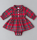 Baby girl red tartan plaid long-sleeve skirted romper with white buttons, ruffled cuffs, and snap bottom