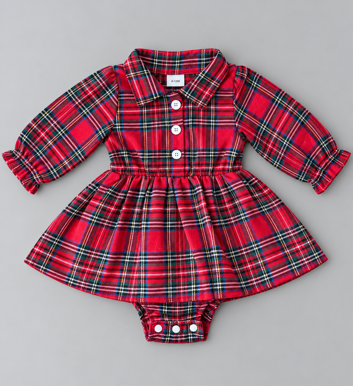 Baby girl red tartan plaid long-sleeve skirted romper with white buttons, ruffled cuffs, and snap bottom