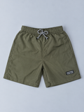 Boys olive green casual shorts with elastic waistband, black and white drawstring, side pockets, and small California patch