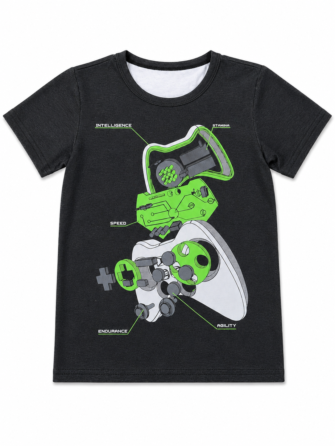 Shop the Black & Green Gaming Controller Graphic T-Shirt featuring a bold gaming design with Intelligence, Speed, Stamina, Endurance, and Agility details for boys.