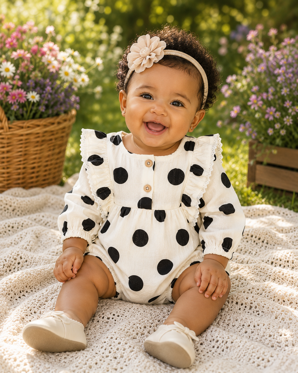 Baby Girl Black & White Polka Dot Ruffle Romper – Long Sleeve Bubble Romper