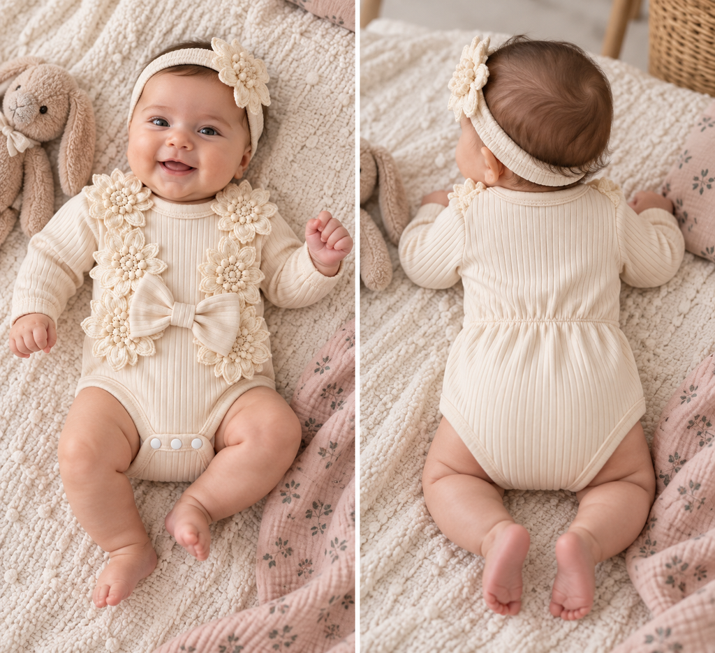Ivory Floral Appliqué Bow Romper & Headband Set