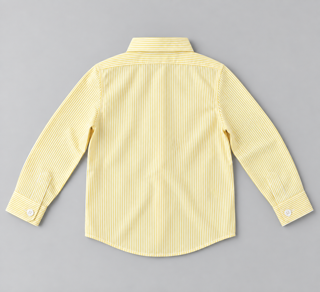 Back view of boys yellow and white striped long-sleeve button-up shirt with buttoned cuffs