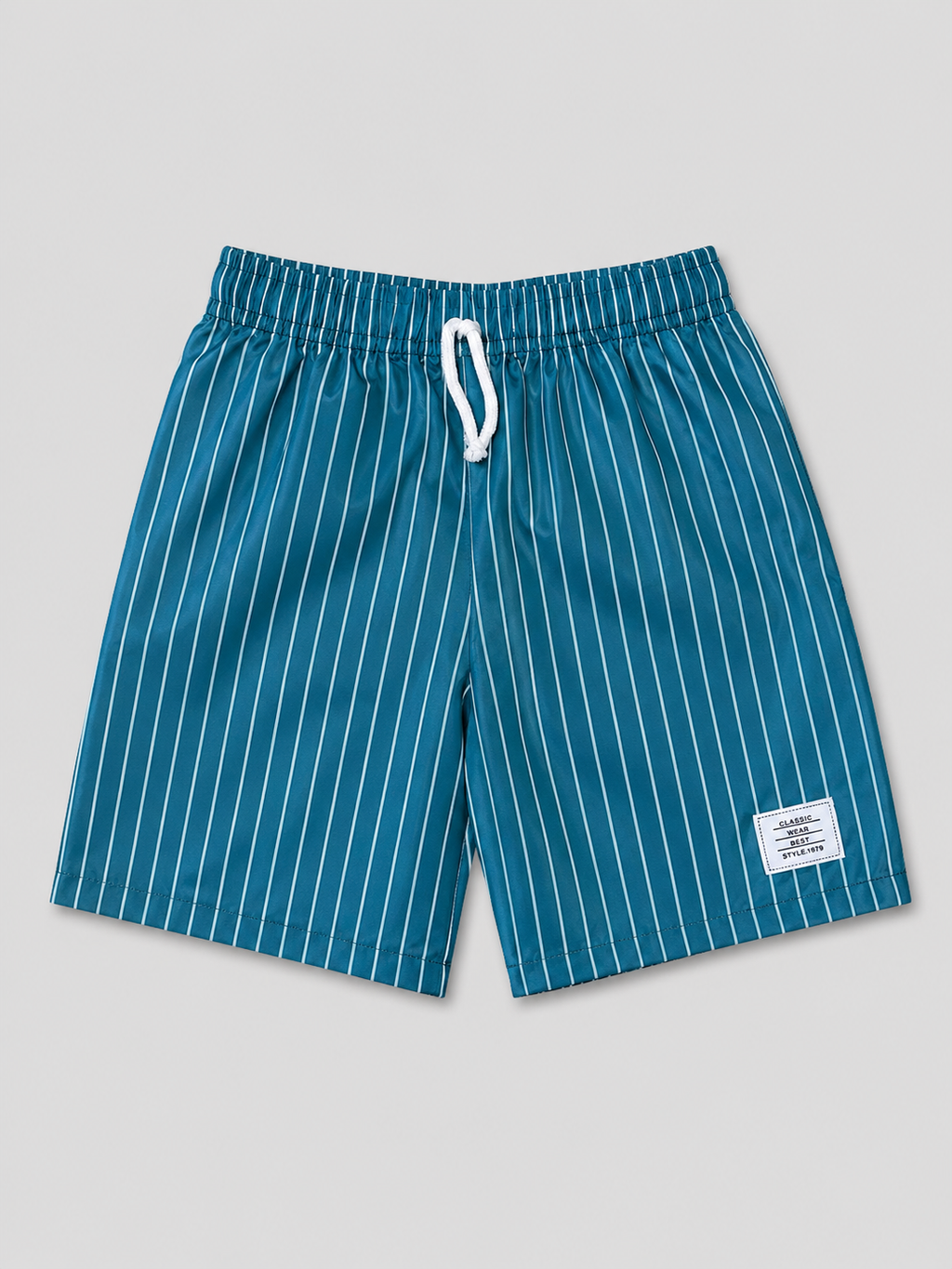 Shop these stylish teal blue and white pinstripe kids' shorts featuring an elastic drawstring waistband and comfortable casual design. Perfect for boys or girls and ideal for everyday wear, playtime, and warm-weather adventures.