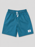 Shop these stylish teal blue and white pinstripe kids' shorts featuring an elastic drawstring waistband and comfortable casual design. Perfect for boys or girls and ideal for everyday wear, playtime, and warm-weather adventures.