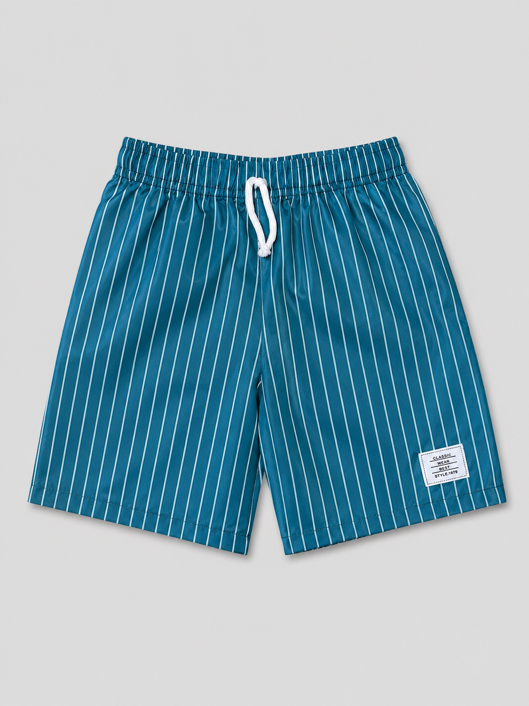 Shop these stylish teal blue and white pinstripe kids' shorts featuring an elastic drawstring waistband and comfortable casual design. Perfect for boys or girls and ideal for everyday wear, playtime, and warm-weather adventures.