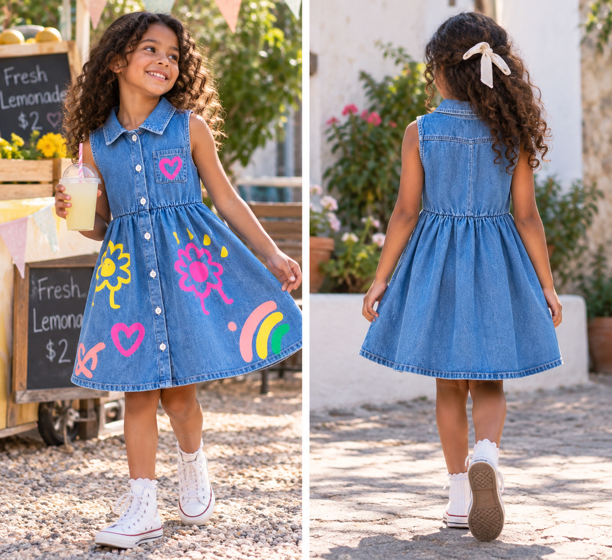 Girls Colorful Doodle Denim-Style Button-Front Dress