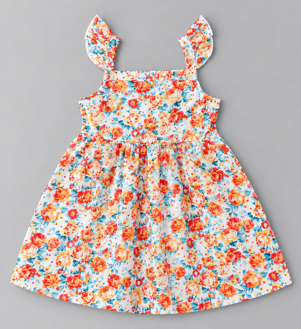 Back view of baby girls orange and blue floral ruffle strap dress with gathered skirt