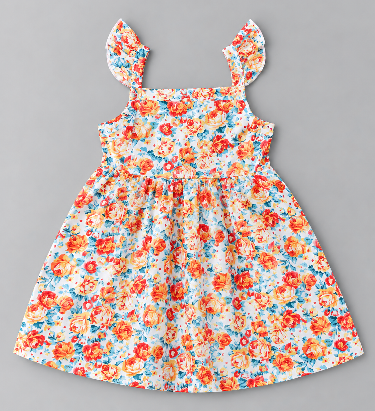 Back view of baby girls orange and blue floral ruffle strap dress with gathered skirt