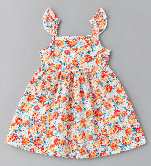 Back view of baby girls orange and blue floral ruffle strap dress with gathered skirt