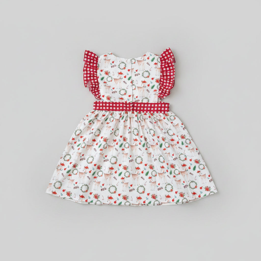 Celebrate the holidays in style with this adorable Christmas Fawn Gingham Flutter Sleeve Dress featuring festive woodland prints, flutter sleeves, and a classic holiday design—perfect for Christmas photos and celebrations.