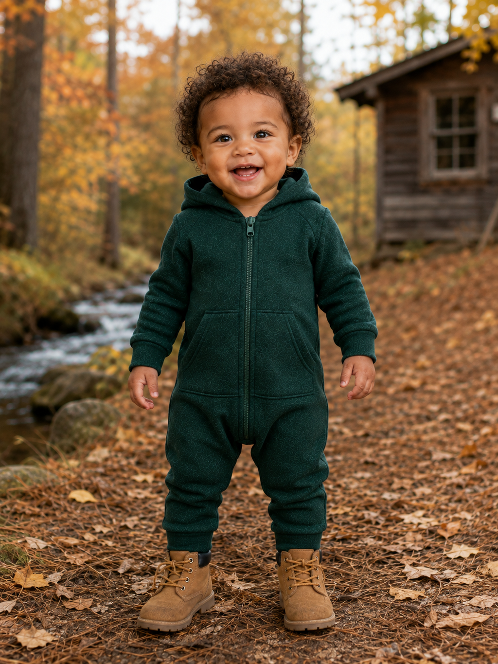 Dark Green Hooded Zip-Up Baby Romper