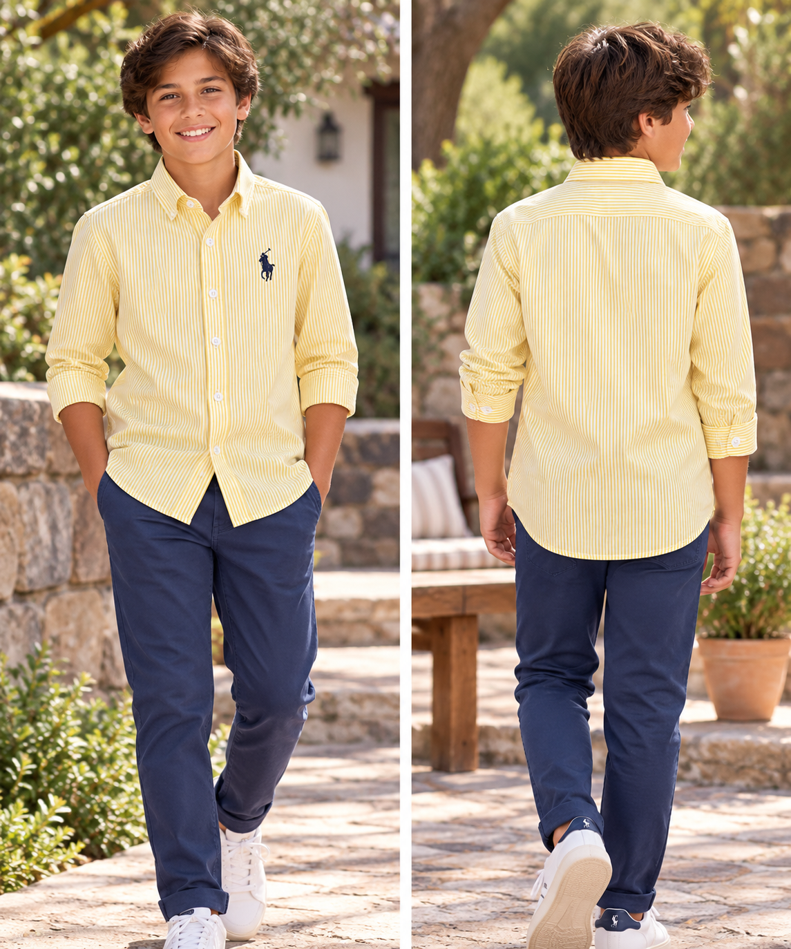 Boys Yellow & White Striped Long-Sleeve Button-Up Shirt