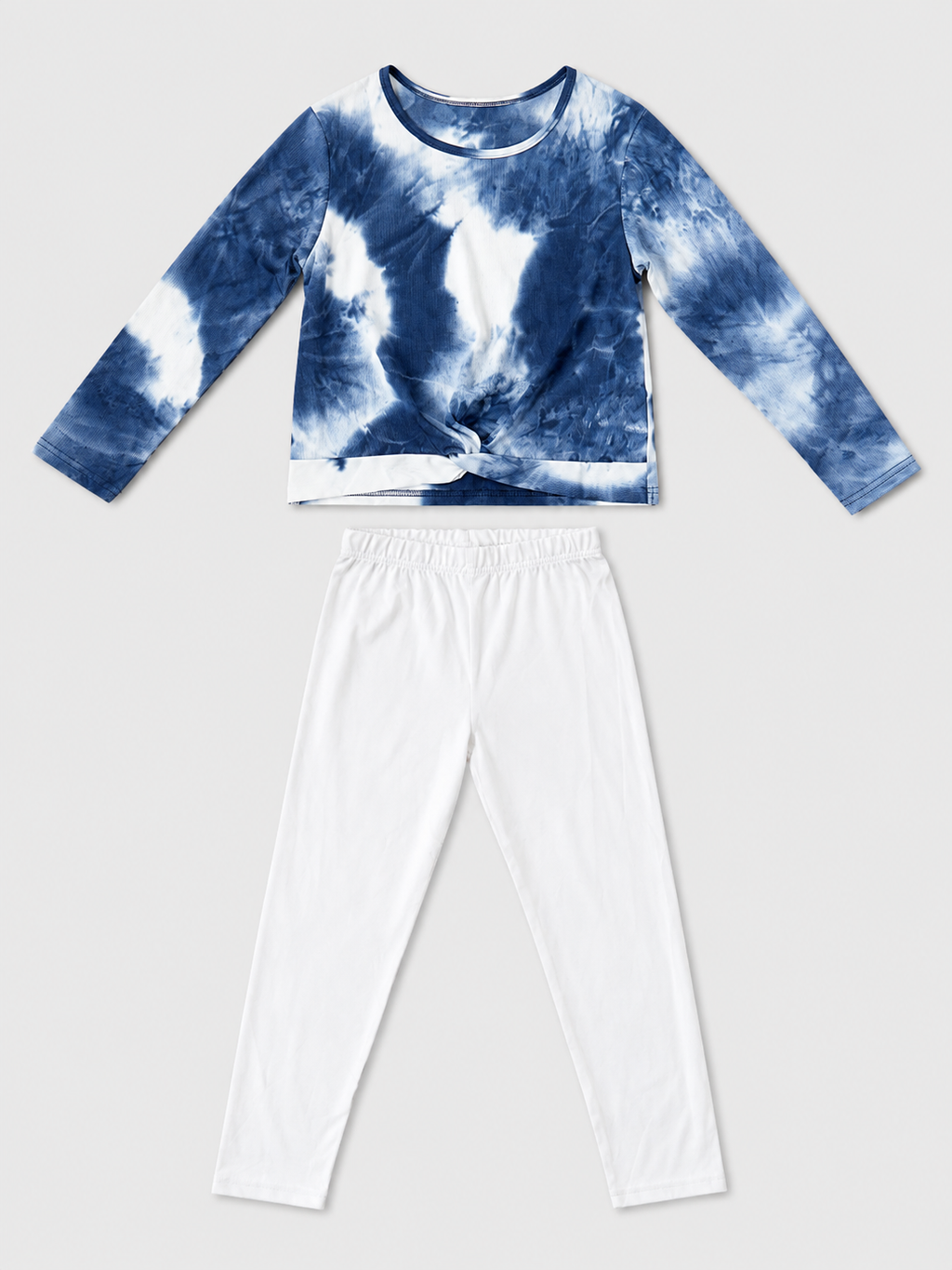 Shop the adorable Blue Tie-Dye Knot Top & White Leggings Set for girls. Featuring a stylish long-sleeve tie-dye top with twist-front detail and comfortable white leggings.