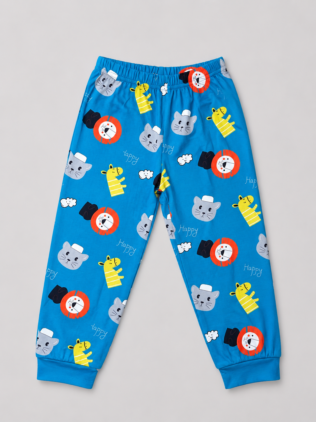 Shop these adorable blue kids jogger pants featuring playful cats, giraffes, lions, clouds, and “Happy” prints. A colorful and comfortable choice for boys or girls, perfect for everyday wear, playtime, and lounging.