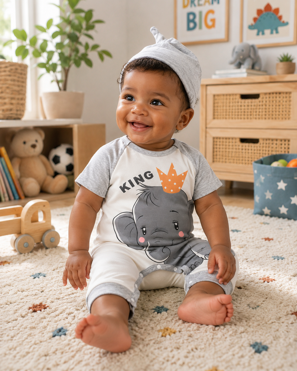 “King” Elephant Baby Romper with Hood