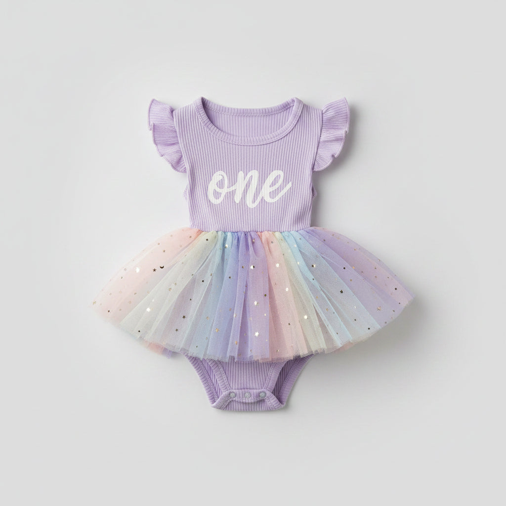 Celebrate her first birthday with this adorable "One" rainbow tutu bodysuit featuring flutter sleeves, a pastel tulle skirt with shimmering stars, and a soft ribbed bodysuit. Perfect for cake smashes, birthday parties, and milestone photos.