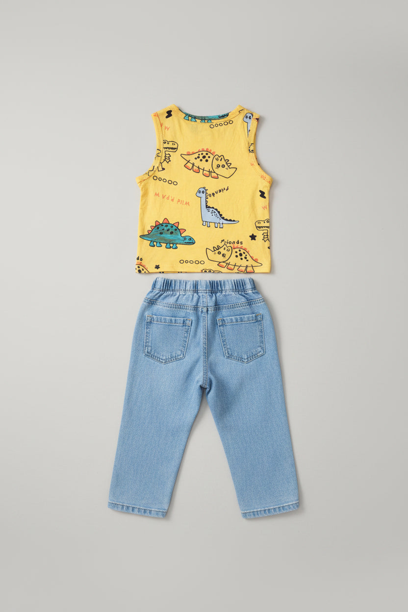 Back side of a fun boys 2-piece dinosaur outfit featuring a colorful sleeveless dinosaur tank top and soft faux denim jogger pants. Comfortable boutique clothing perfect for everyday adventures and play.