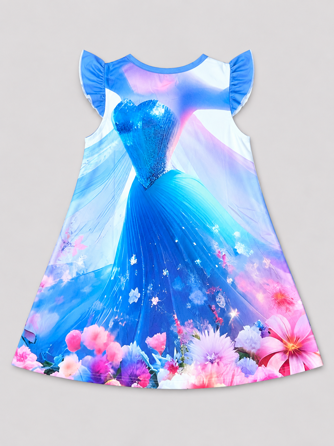 Girls Blue Gown & Floral Print Flutter-Sleeve Dress