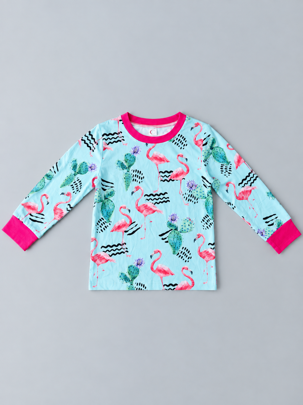 Aqua toddler long-sleeve top with pink flamingos, green cactus print, and hot pink trim