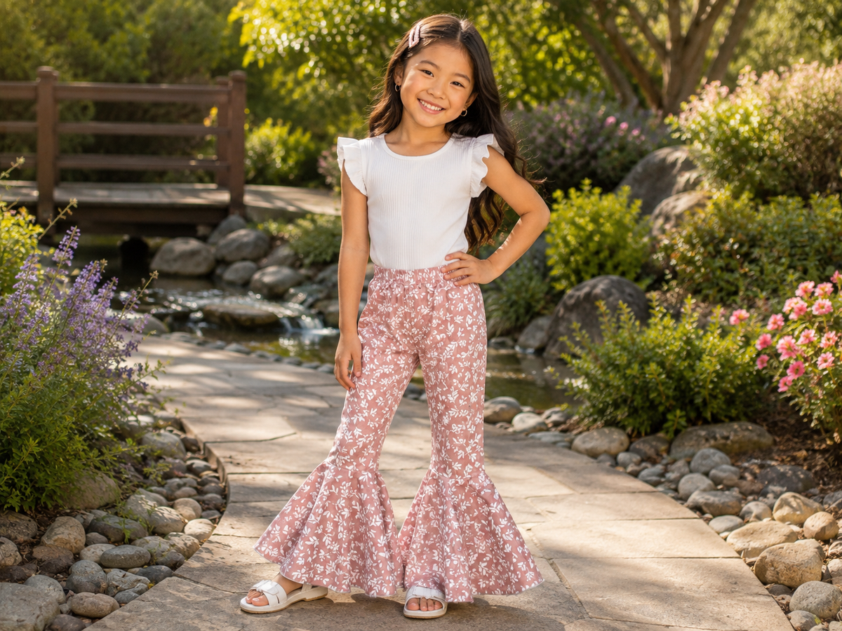 A young girl stands on a stone path in a landscaped garden, wearing a white ruffle-sleeve top and pink floral bell-bottom flare pants with white slide sandals.