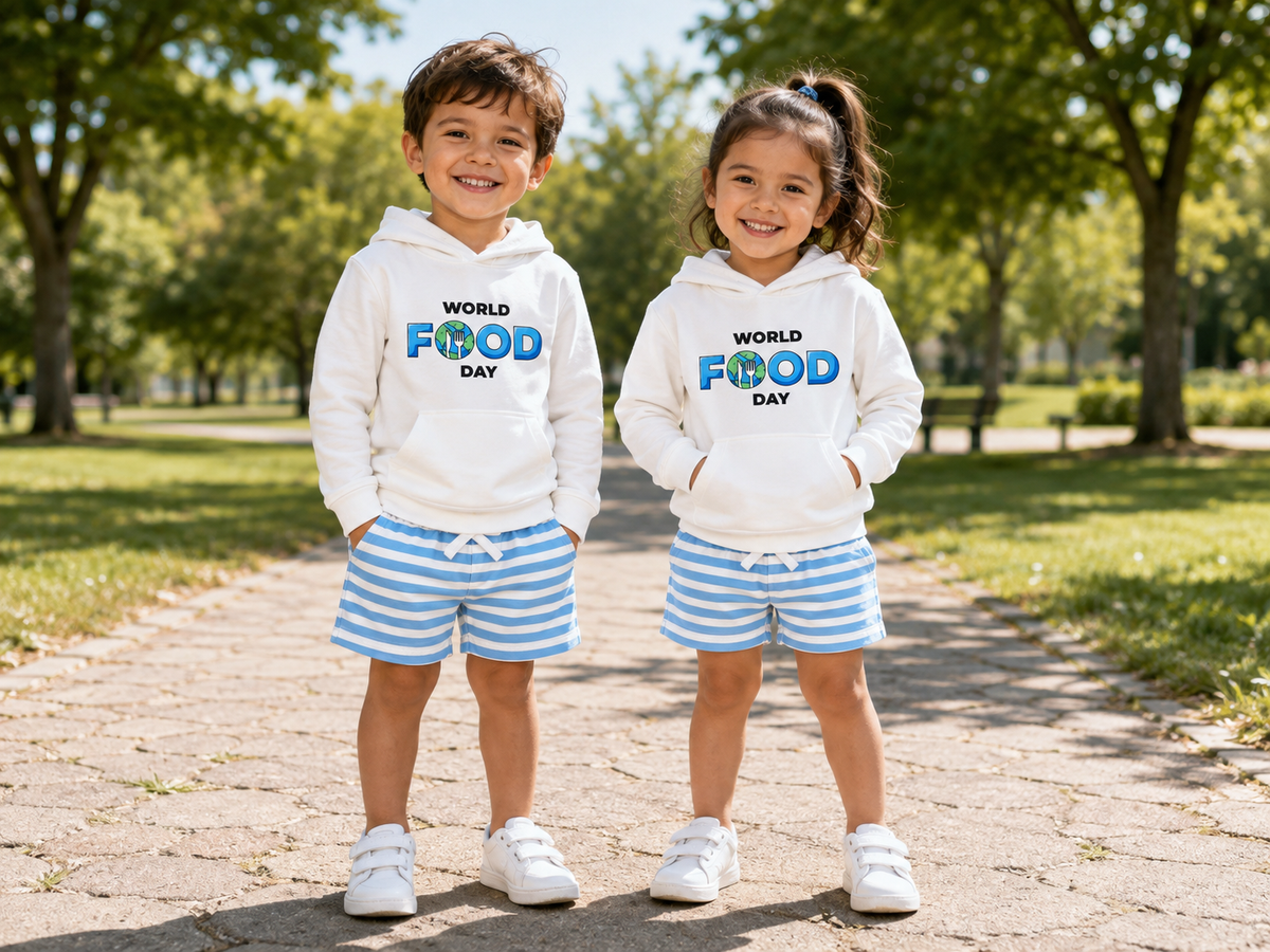 World Food Day Hoodie & Blue Striped Shorts Set