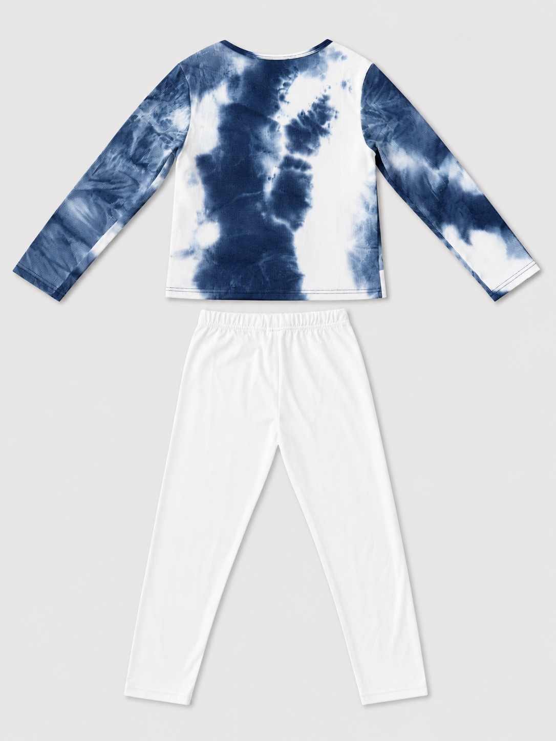 Shop the adorable Blue Tie-Dye Knot Top & White Leggings Set for girls. Featuring a stylish long-sleeve tie-dye top with twist-front detail and comfortable white leggings.