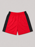 Red and black athletic-style kids' shorts featuring an elasticized waistband and sporty color-blocked design. Comfortable pull-on shorts for everyday wear, active play, and summer outfits.