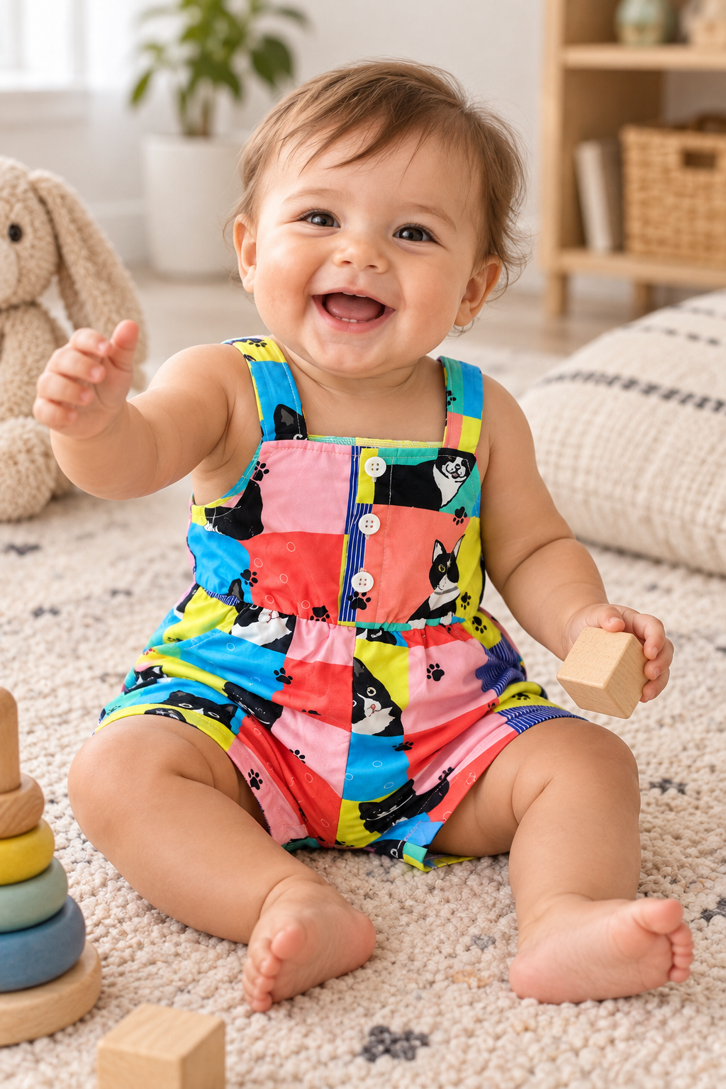 Colorful Cat Patchwork Sleeveless Romper