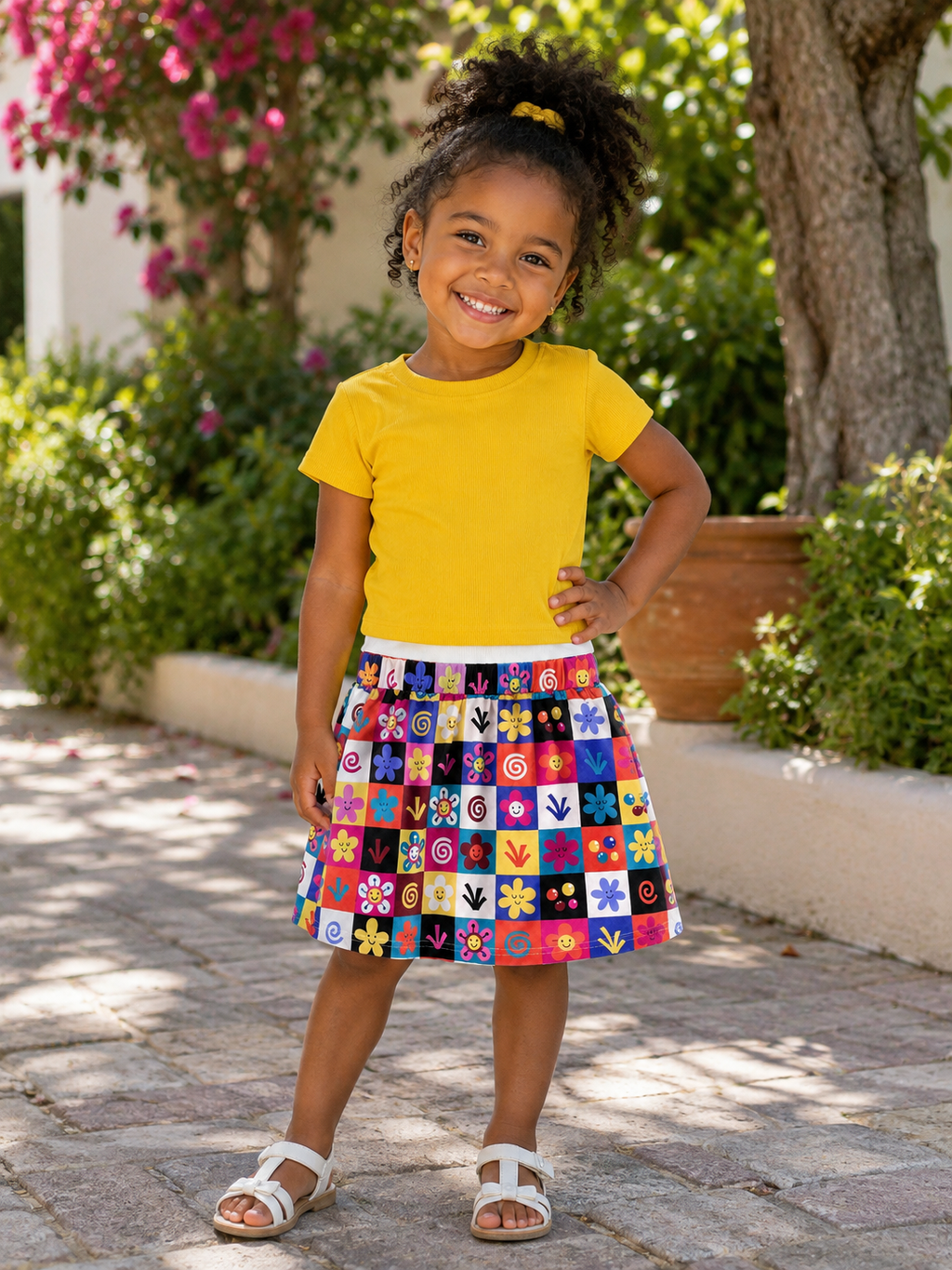 A young girl smiling outdoors on a stone walkway, wearing a bright yellow short-sleeve t-shirt and a colorful patchwork A-line skirt with alphabet and flower motifs, paired with white sandals.