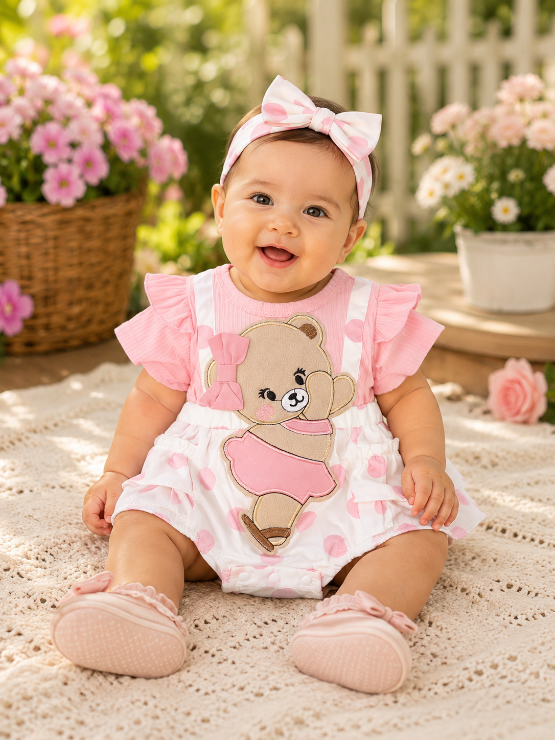 Baby Girl Pink Polka Dot Teddy Bear Bubble Romper Set – Ruffle Outfit with Matching Headband