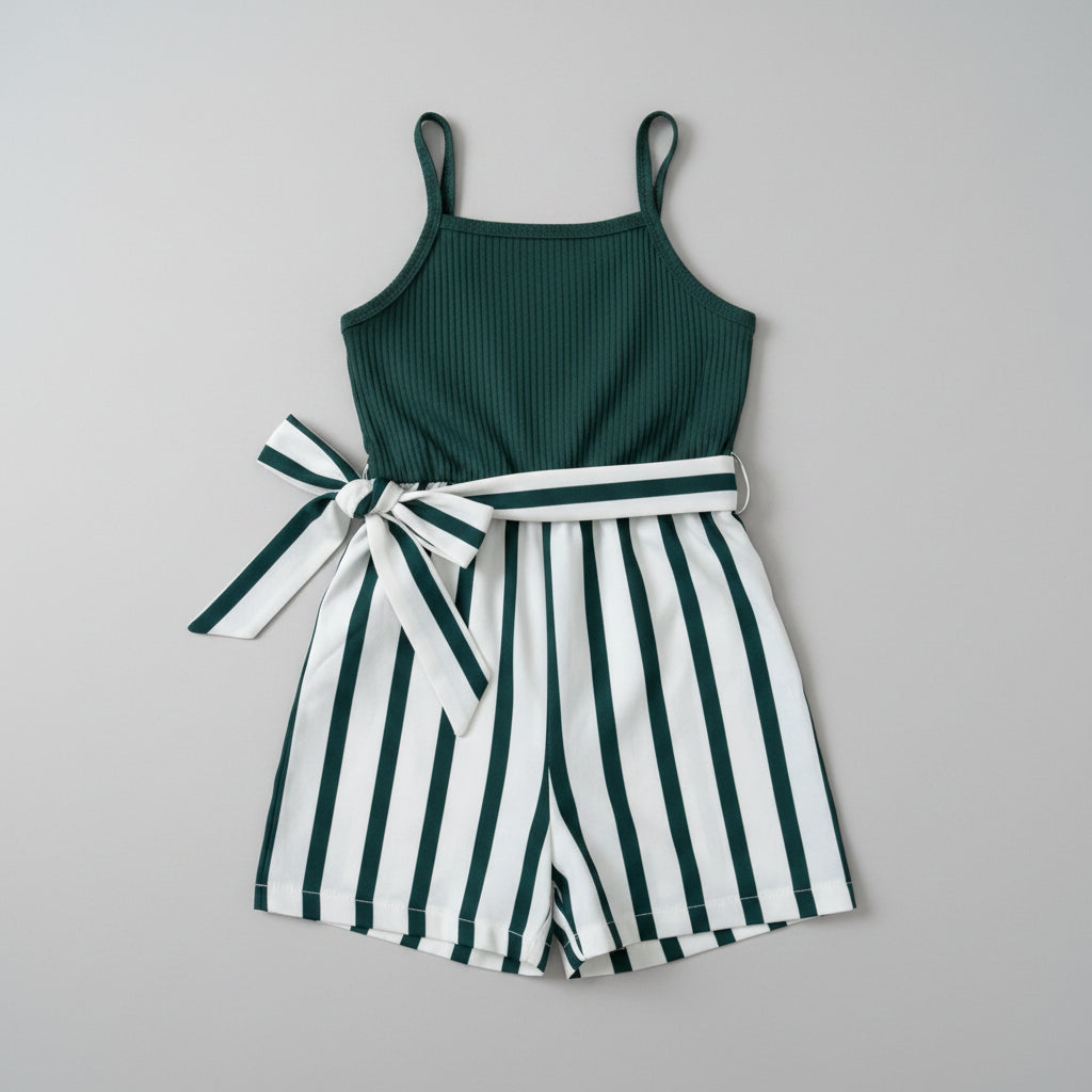Back side of an adorable girls emerald green sleeveless romper featuring a ribbed button-front bodice, green and white striped shorts, and a matching tie waist. Perfect for spring, summer, vacations, and everyday boutique style.