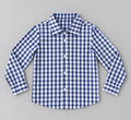 Boys navy blue and white gingham check long-sleeve button-up shirt with pointed collar and buttoned cuffs