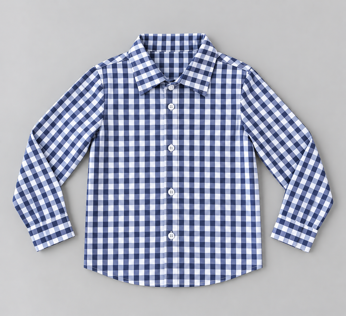 Boys navy blue and white gingham check long-sleeve button-up shirt with pointed collar and buttoned cuffs