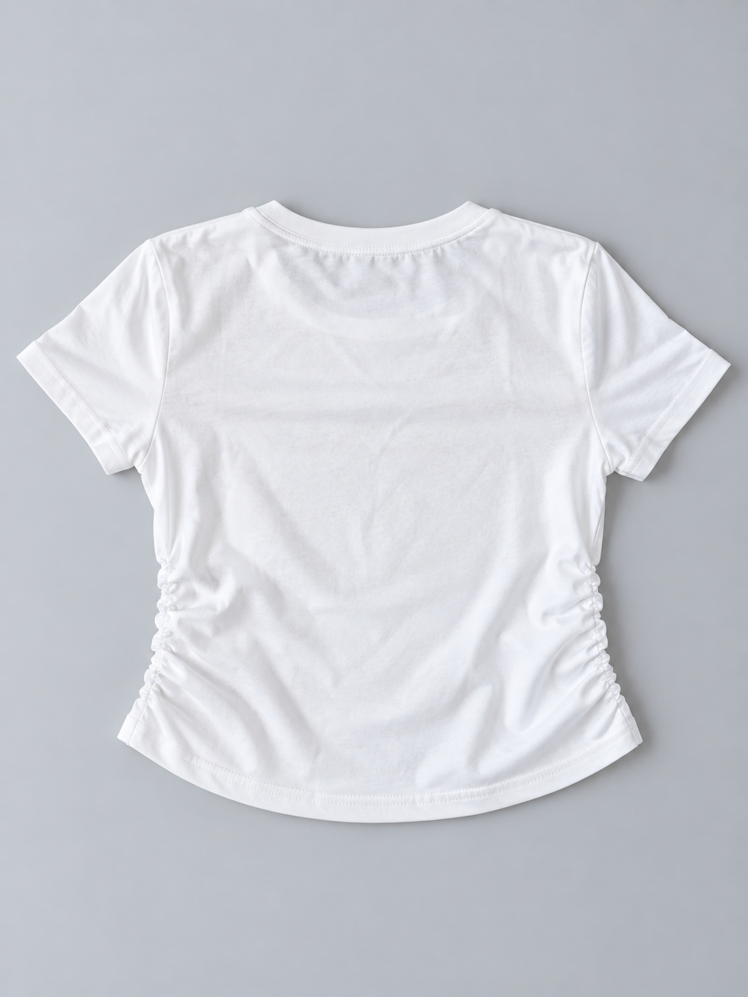 Girls white short-sleeve T-shirt with ruched side detailing and curved hem