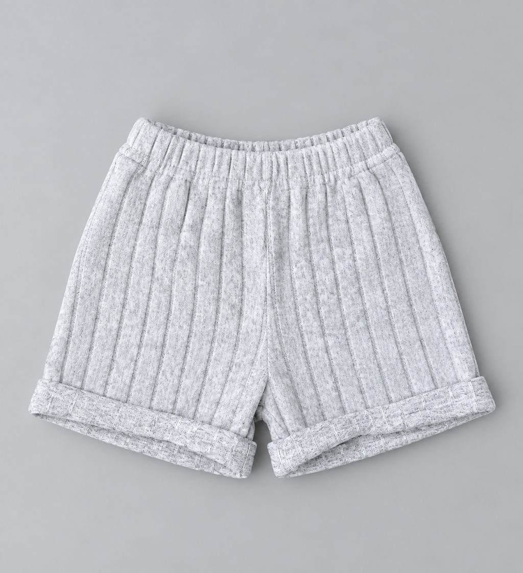 Kids light gray ribbed knit pull-on shorts with elastic waistband and rolled cuffs