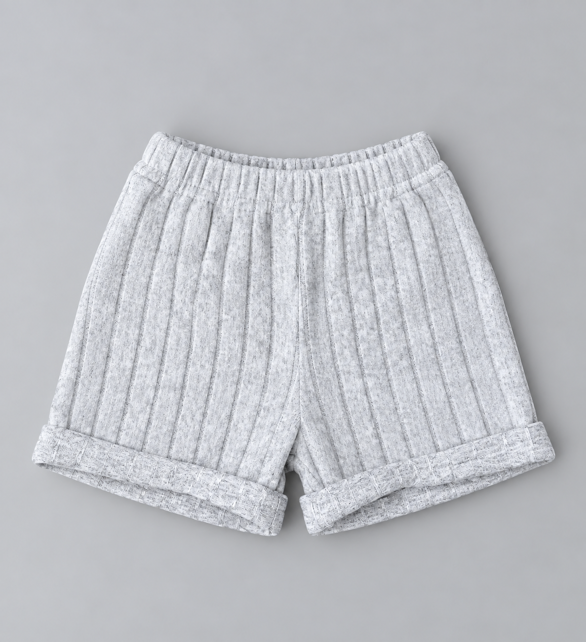 Kids light gray ribbed knit pull-on shorts with elastic waistband and rolled cuffs