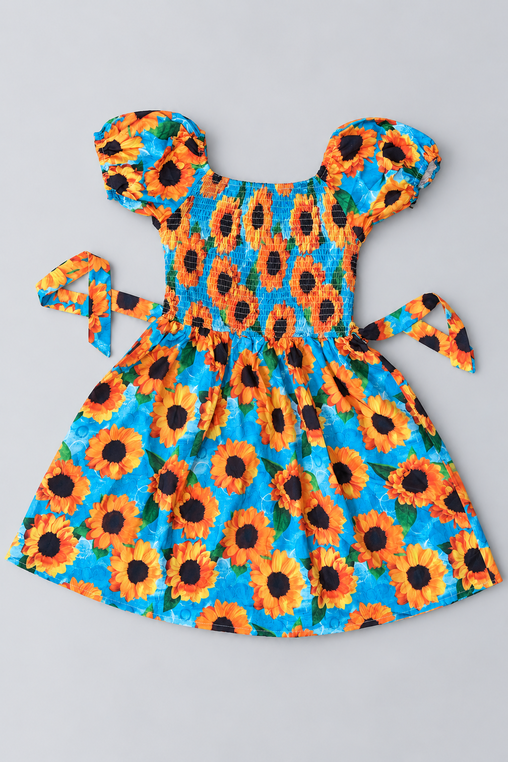 Girls turquoise blue sunflower print dress with smocked bodice, puff sleeves, tie waist and full gathered skirt