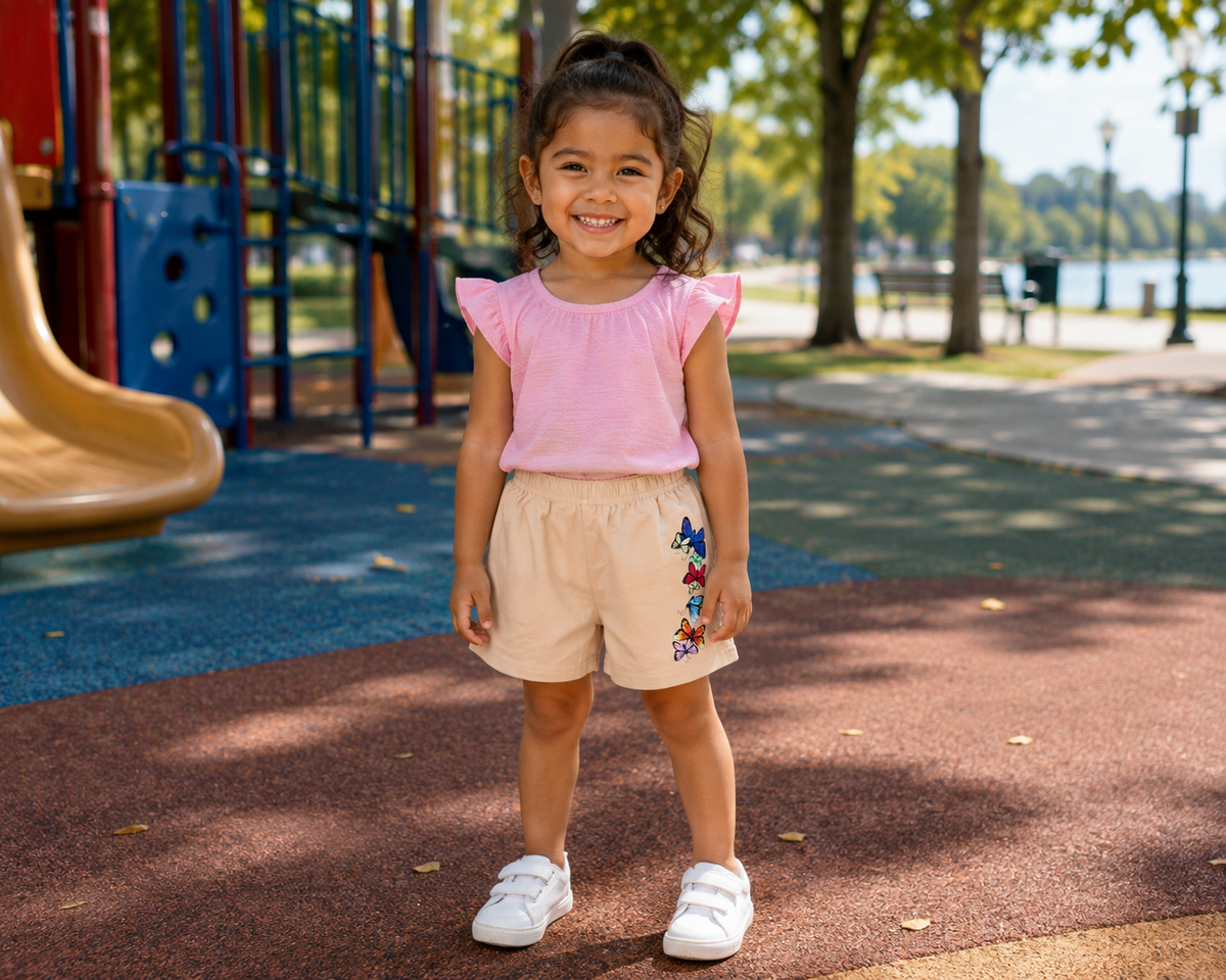 A young girl stands on a playground wearing a pink ruffle-sleeve top, beige shorts with colorful butterfly details, and white sneakers.