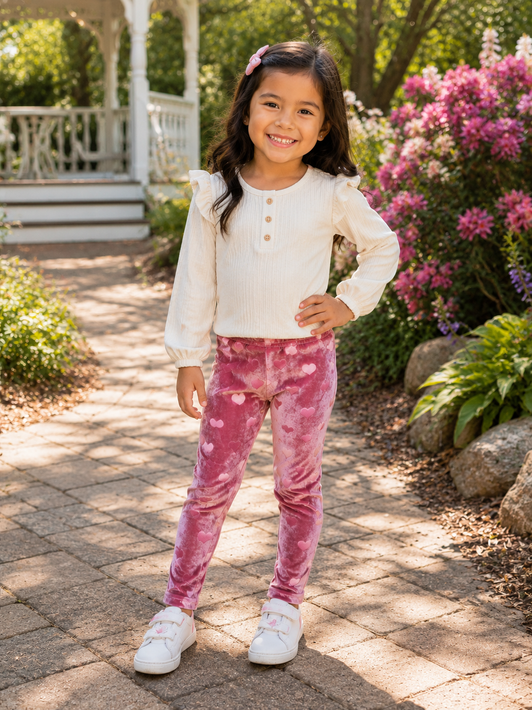 A young girl stands on a paved garden path wearing a cream long-sleeve henley top, pink tie-dye velvet pants, and white sneakers, with a garden and white gazebo in the background.
