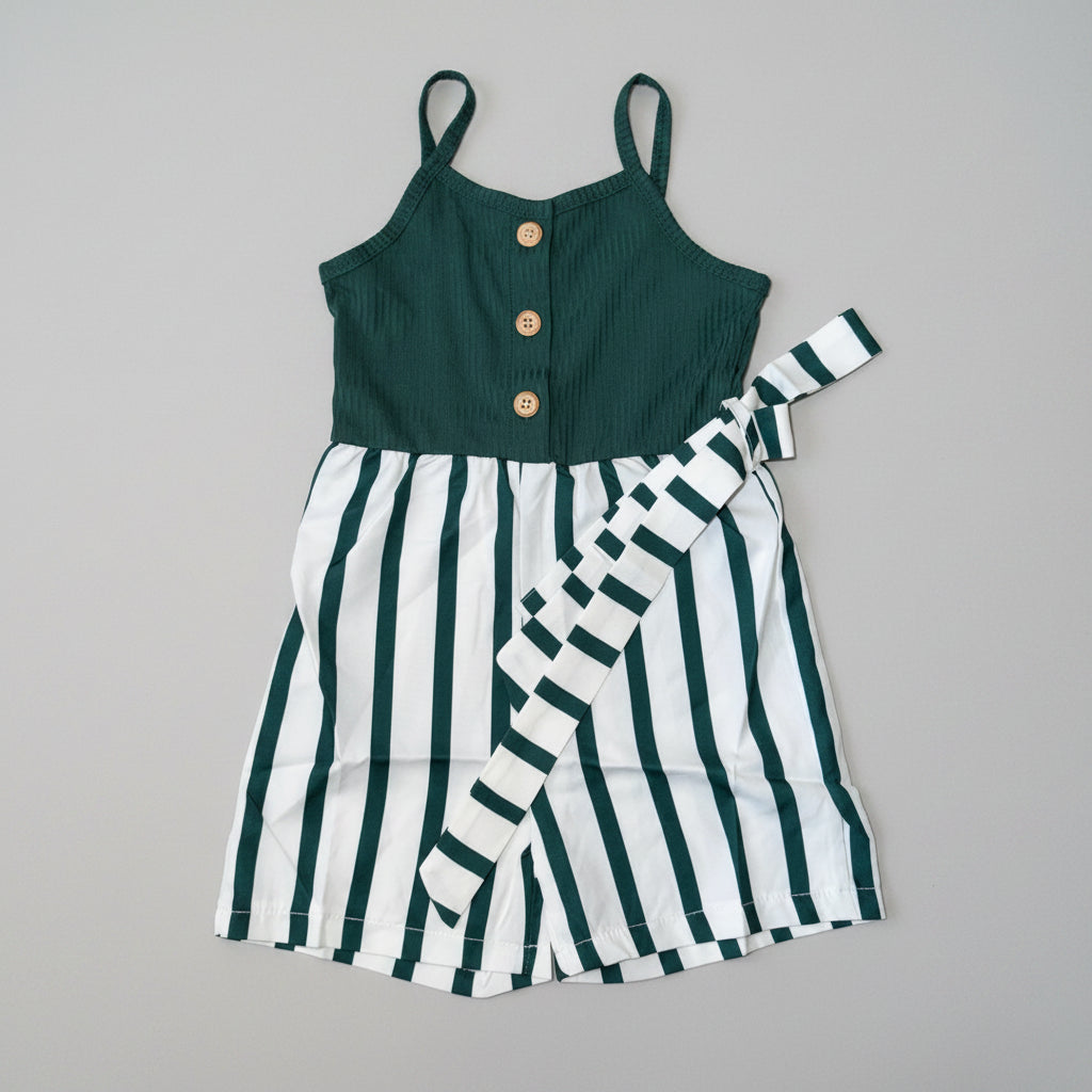 Adorable girls emerald green sleeveless romper featuring a ribbed button-front bodice, green and white striped shorts, and a matching tie waist. Perfect for spring, summer, vacations, and everyday boutique style.
