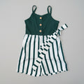 Adorable girls emerald green sleeveless romper featuring a ribbed button-front bodice, green and white striped shorts, and a matching tie waist. Perfect for spring, summer, vacations, and everyday boutique style.