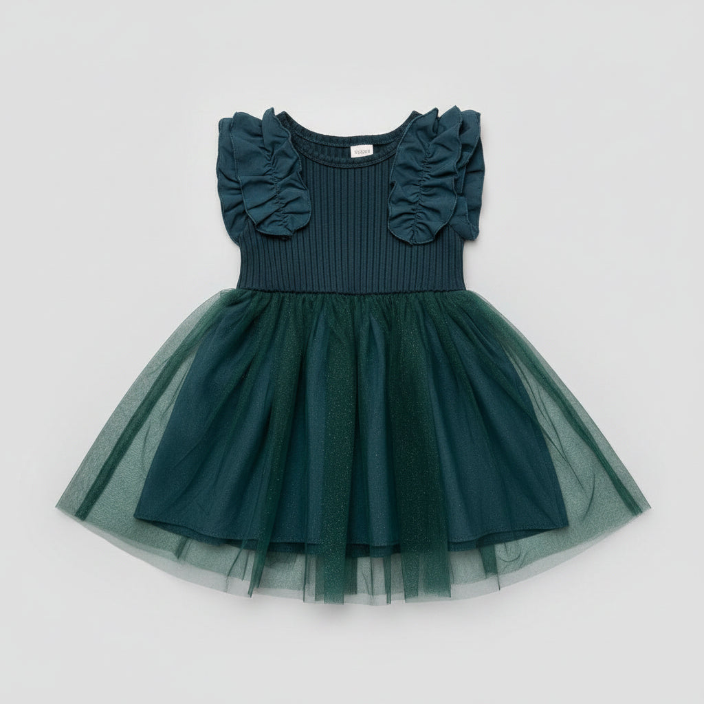 Baby girl forest green ruffle tulle dress with a soft ribbed bodice, layered tulle skirt, and elegant boutique design. Perfect for birthdays, weddings, holidays, family photos, and special occasions.