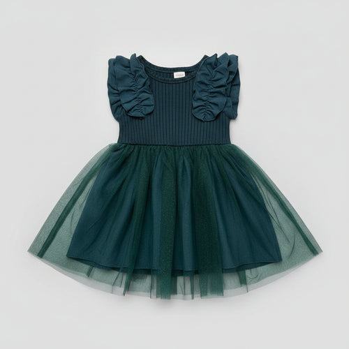 Baby girl forest green ruffle tulle dress with a soft ribbed bodice, layered tulle skirt, and elegant boutique design. Perfect for birthdays, weddings, holidays, family photos, and special occasions.